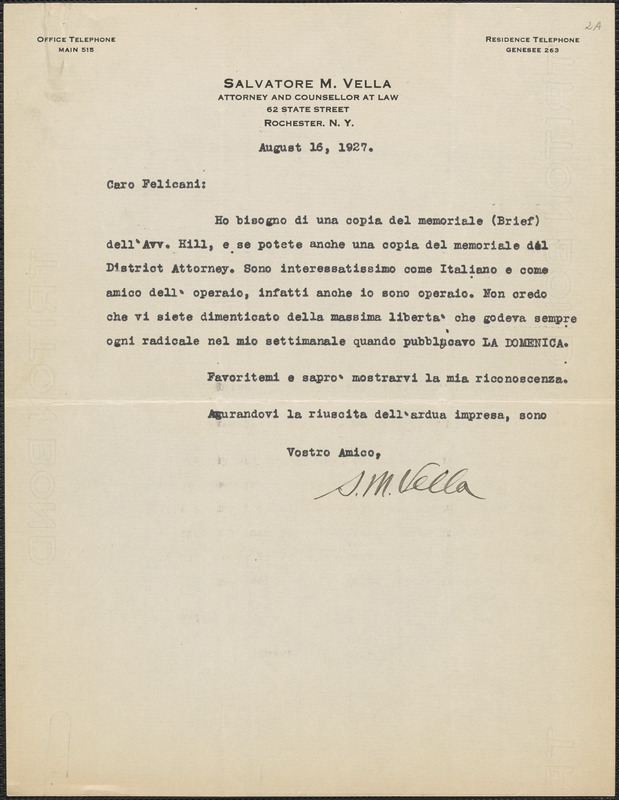 Salvatore M. Vella typed letter signed, in Italian, to Aldino Felicani, Rochester, N. Y., August 16, 1927