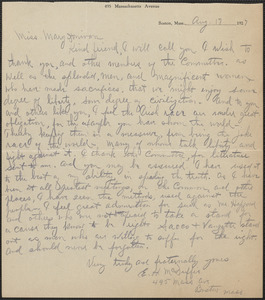 E. H. McDuffie autograph letter signed to Mary Donovan, Boston, Mass., August 17, 1923