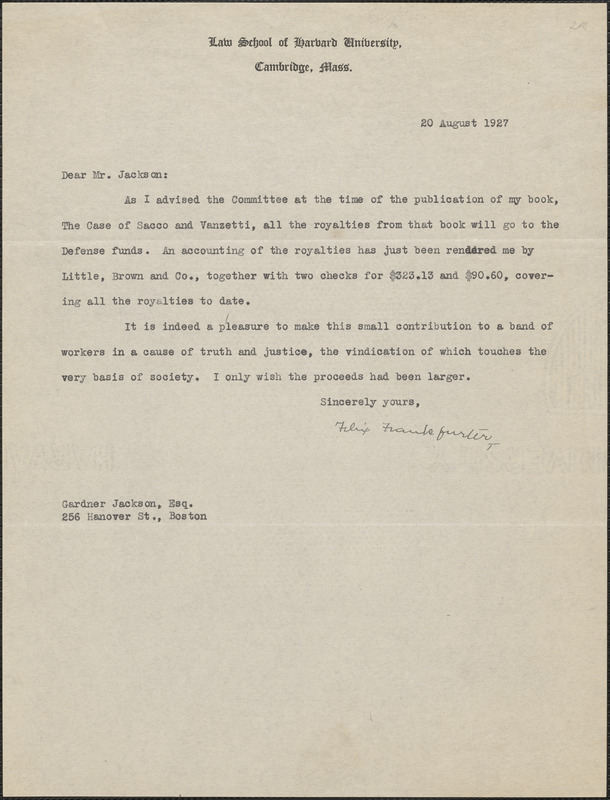 Felix Frankfurter typed letter signed to Gardner Jackson, Cambridge, Mass., August 20, 1927