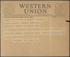 E. Alfonse telegram to Sacco-Vanzetti Defense Committee, New Britain, Conn, August 17, 1927