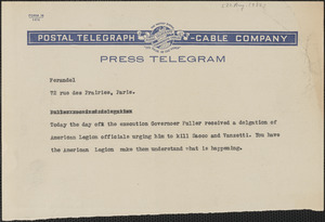 [Joseph Moro] telegram (copy) to Ferandel, [Boston, Mass., August 22, 1927]