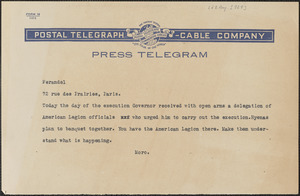 Joseph Moro telegram (copy) to Ferandel, [Boston, Mass., August 22, 1927]
