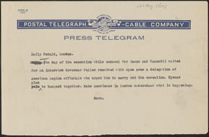 Joseph Moro telegram (copy) to The Daily Herald (London), Boston, Mass., [August 22, 1927]
