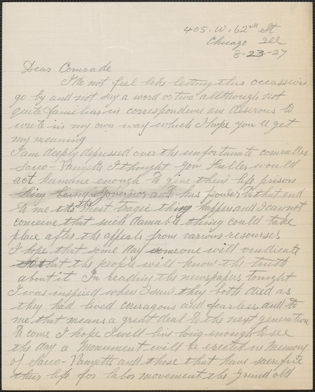 Thomas R. Salusbury autograph letter signed to Sacco-Vanzetti Defense Committee, Chicago, Ill., August 23, 1927