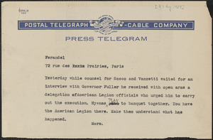 Joseph Moro telegram (copy) to Ferandel, Boston, Mass., [August 23, 1927]