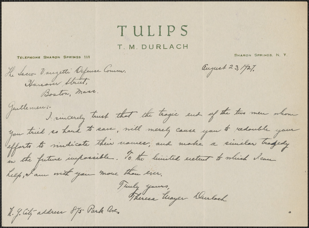 Theresa Mayer Durlach autograph note signed to Sacco-Vanzetti Defense Committee, Sharon Springs, N. Y., August 23, 1927