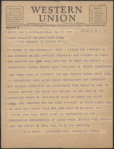William H. Henry (Socialist Party) telegram to Sacco-Vanzetti Defense Committee, Chicago, Ill., August 23, 1927