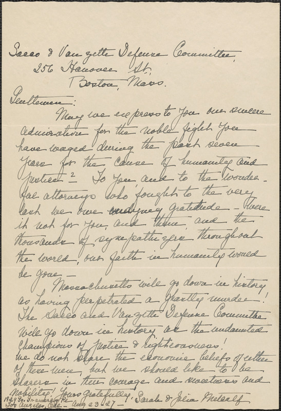 Sarah and Julia Metcalf autograph letter signed to Sacco-Vanzetti Defense Committee, Los Angeles, Calif., August 23, 1927