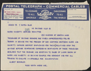 Albert Wechsler (Sacco-Vanzetti Conference) telegram to Sacco-Vanzetti Defense Committee, Chicago, Ill., August 23, 1927