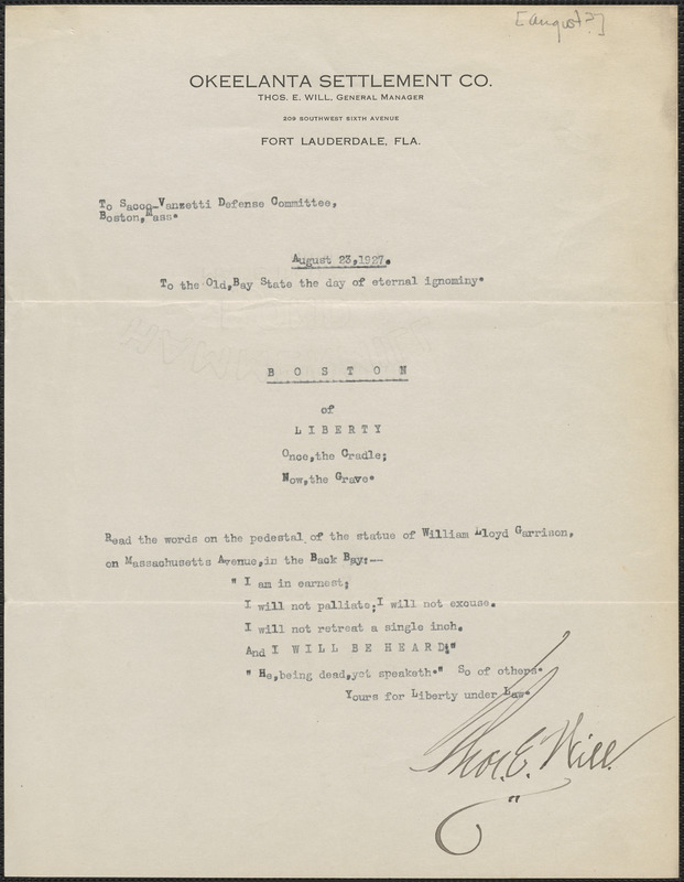 Thomas E. Will (Okeelanta Settlement Co.) typed letter signed to Sacco-Vanzetti Defense Committee, Fort Lauderdale, Fla., approximately August 1927?