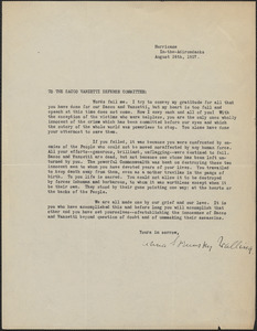 Anna Strunsky Walling typed letter signed to Sacco-Vanzetti Defense Committee, Hurricane In-the-Adirondacks, August 24, 1927