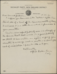 Alfred Baker Lewis (Socialist Party, New England District) autograph letter signed to Gardner Jackson, Boston, Mass., August 24, 1927