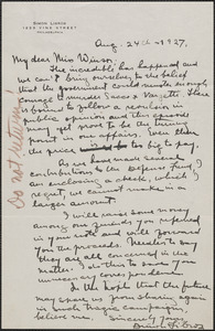 Simon Libros autograph letter signed to [Ellen] Winsor, Philadelphia, Pa., August 24, 1927