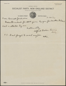 Alfred Baker Lewis (Socialist Party, New England District) autograph note signed to Gardner Jackson, Boston, Mass., August 24, 1927