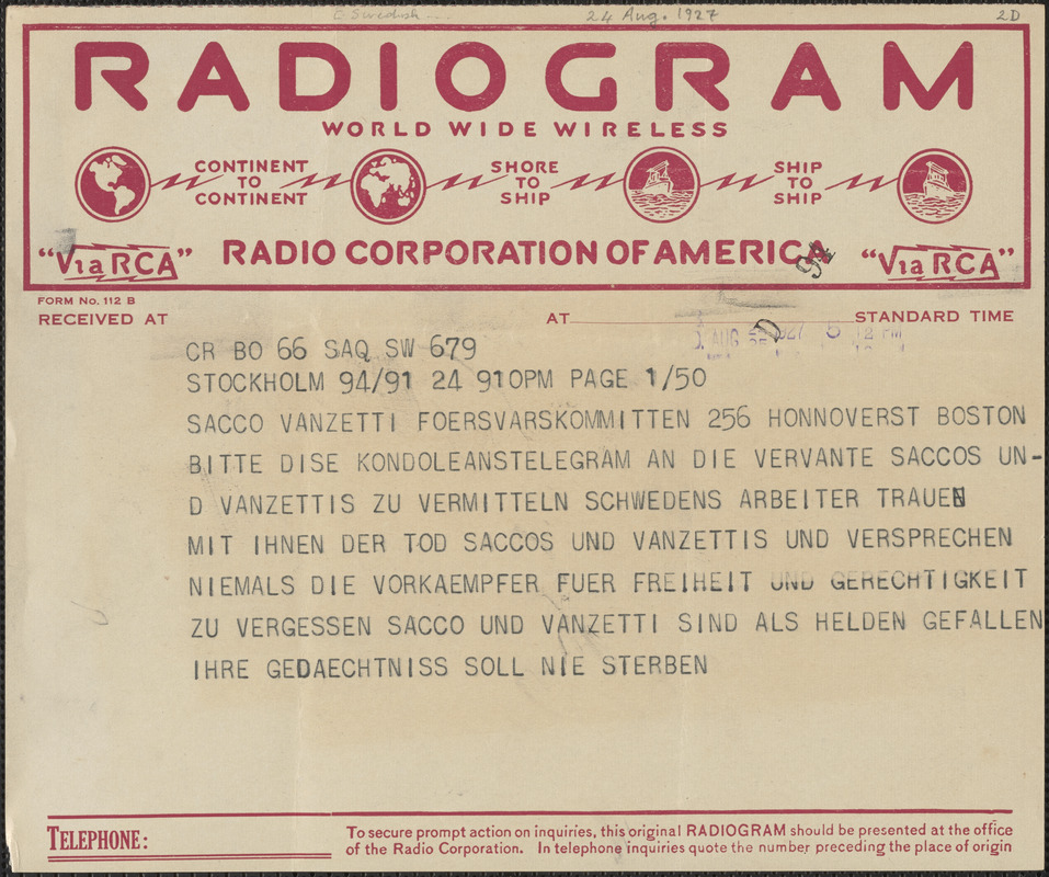 Telegram, in Swedish, to Sacco-Vanzetti Defense Committee, Stockholm, August 24, 1927