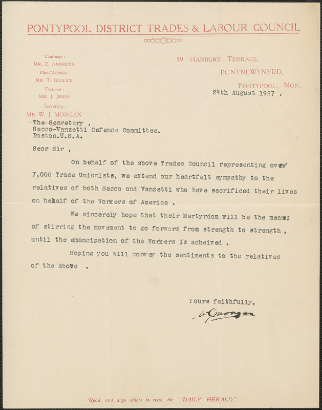 W. J. Morgan (Pontypool District Trades & Labor Council) typed letter signed to [Gardner Jackson], Pontpool, Wales, August 24, 1927