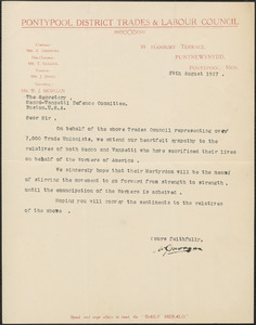W. J. Morgan (Pontypool District Trades & Labor Council) typed letter signed to [Gardner Jackson], Pontpool, Wales, August 24, 1927