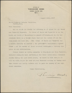 Theodore Debs typed letter signed to Sacco-Vanzetti Defense Committee, Terre Haute, Ind., August 24, 1927