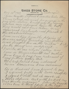 W. H. Sikes autograph letter signed to Sacco-Vanzetti Defense Committee, Leonardville, Kan., August 25, 1927
