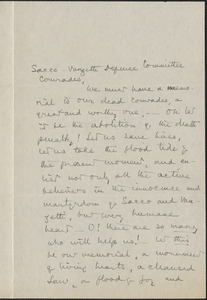 Sarah N. Cleghorn autograph letter signed to Sacco-Vanzetti Defense Committee, Manchester, Vt., August 25, 1927