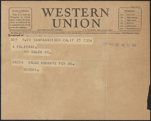Armando Borghi telegram, in Italian, to Aldino Felicani, San Francisco, Calif, August 25, 1927