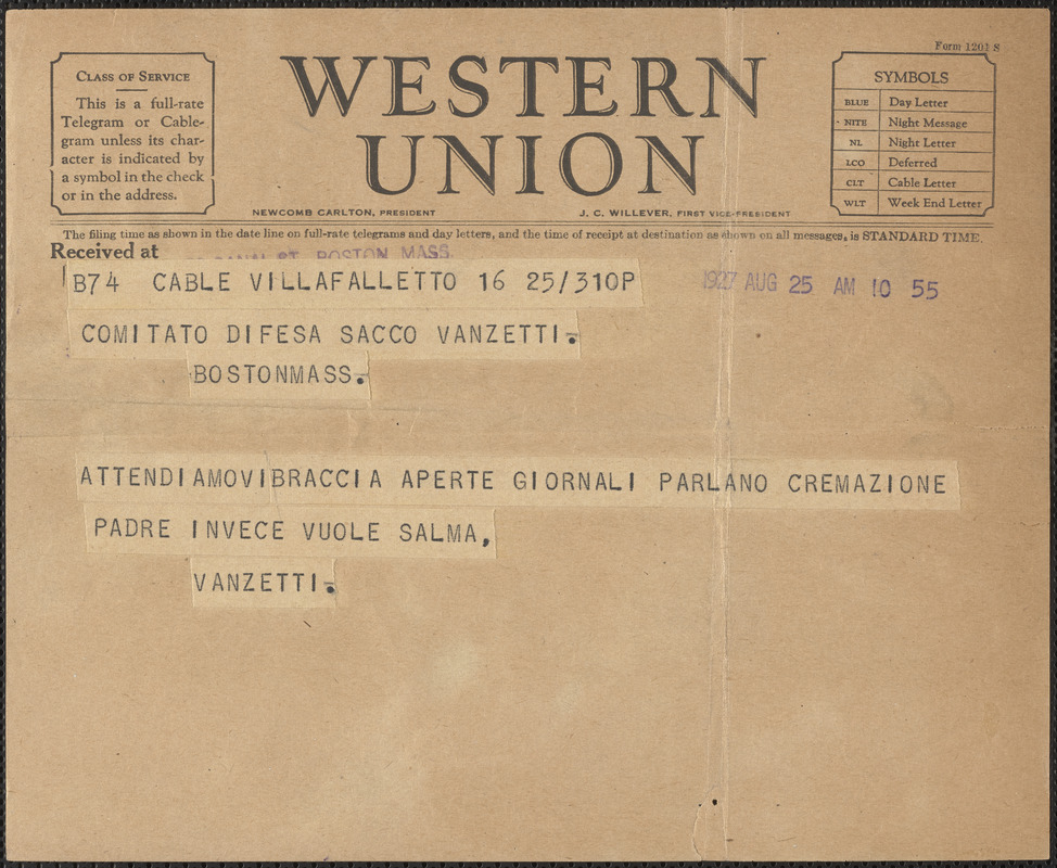 Vanzetti telegram to Sacco-Vanzetti Defense Committee, Villafalletto, Italy, August 25, 1927