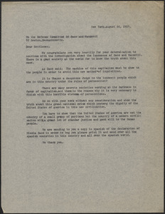 Typed letter to Sacco-Vanzetti Defense Committee, New York, N. Y., August 26, 1927