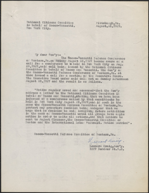 Leonard Craig (SaccoVanzetti Defense Committee of Western Pennsylvania
