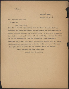 Joseph Moro telegram (copy) to Clarina Michelson, Boston, Mass., August 28, 1927