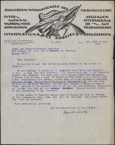 Augustin Souchy (International Workingmen's Association) typed letter signed to Sacco-Vanzetti Defense Committee, Berlin, Germany, August 29, 1927