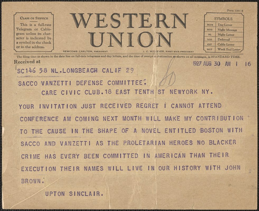 Upton Sinclair telegram to Sacco-Vanzetti Defense Committee, Long Beach, Calif., August 30, 1927