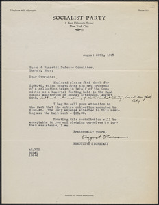 August Claessens (Socialist Party) typed letter signed to Sacco-Vanzetti Defense Committee, New York, N. Y., August 30, 1927