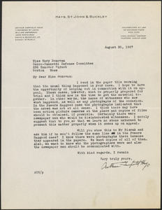 Arthur G. Hays autograph letter signed to Mary Donovan, New York, N. Y., August 30, 1927