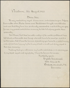 Cyrille Cardinael autograph letter signed to Sacco-Vanzetti Defense Committee, Verdun (Montreal), Quebec, Canada, August 31, 1927