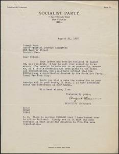 August Claessens (Socialist Party) typed letter signed to Joseph Moro, New York, N. Y., August 31, 1927