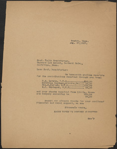 Sacco-Vanzetti Defense Committee typed letter (copy) to Felix Frankfurter, Boston, Mass., August 30, 1927