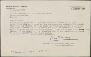Arthur M. Lehning (Dutch Sacco-Vanzetti Committee) typed note signed to Joseph Moro, Secretary of the Sacco-Vanzetti Defense Committee, Amsterdam, Netherlands, August 31, 1927