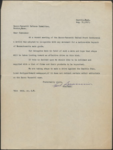 [Sacco-Vanzetti United Front Conference, Seattle] typed letter signed to Sacco-Vanzetti Defense Committee, Seattle, Wash., August 31, 1927