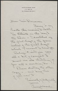 Amy Woods autograph note signed to Mary Donovan, South Duxbury, Mass., [August 31, 1927?]