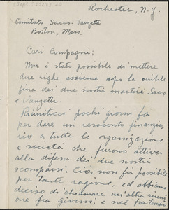 Sam M. Lucia (Rochester Sacco-Vanzetti Defense Committee) autograph letter signed, in Italian, to Sacco-Vanzetti Defense Committee, Rochester, N. Y., [September? 1927]