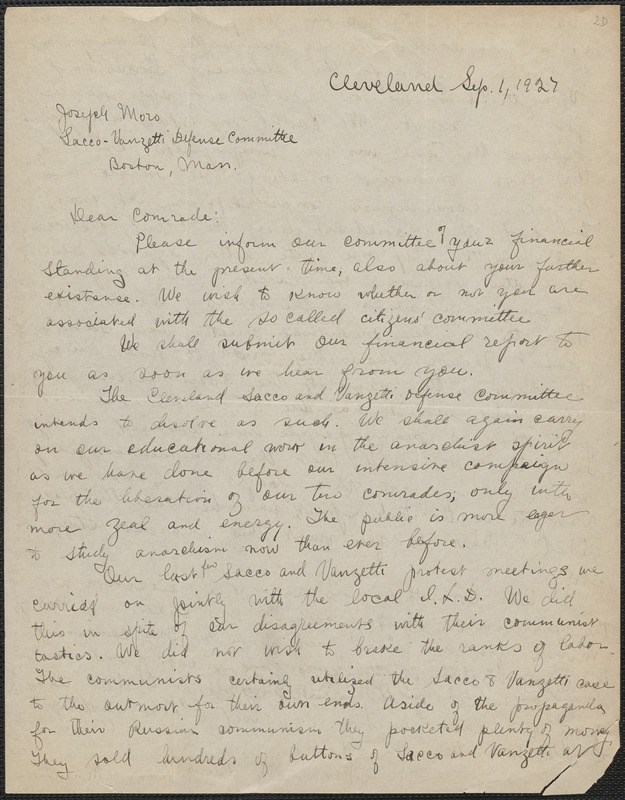 Bessie Kimmelman (Sacco-Vanzetti Defense Committee, Cleveland) autograph letter signed to Joseph Moro, Cleveland, Ohio, September 1, 1927