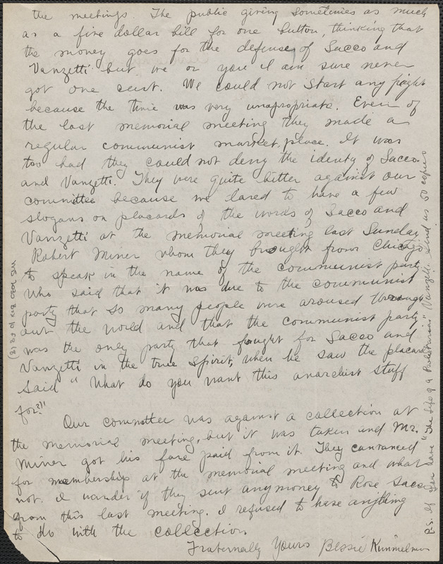 Bessie Kimmelman (Sacco-Vanzetti Defense Committee, Cleveland) autograph letter signed to Joseph Moro, Cleveland, Ohio, September 1, 1927