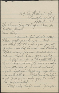 Edna L. Robinson autograph letter signed to Sacco-Vanzetti Defense Committee, Pasadena, Calif., September 3, 1927