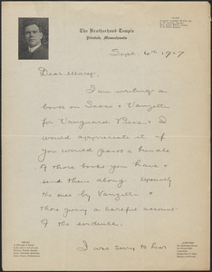 Vincent G. Burns autograph letter signed to Mary Donovan, Pittsfield, Mass., September 4, 1927