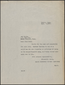 Mary Donovan (Sacco-Vanzetti Defense Committee) typed note (copy) to Amy Woods, Boston, Mass., September 7, 1927