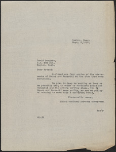 Mary Donovan (Sacco-Vanzetti Defense Committee) typed note (copy) to David Burgess, Boston, Mass., September 7, 1927