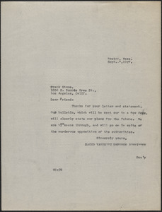Mary Donovan (Sacco-Vanzetti Defense Committee) typed note (copy) to Frank Stone, Boston, Mass., September 7, 1927