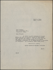 Mary Donovan (Sacco-Vanzetti Defense Committee) typed note (copy) to Carl Hacker, Boston, Mass., September 7, 1927
