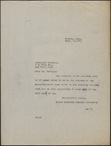 Mary Donovan (Sacco-Vanzetti Defense Committee) typed note (copy) to Alexander Kadison, Boston, Mass., September 8, 1927