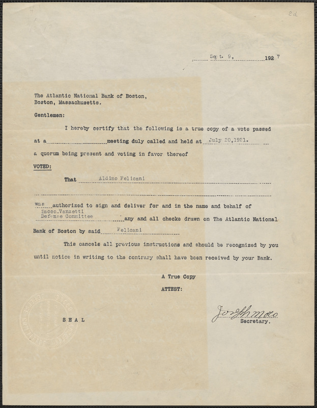 Joseph Moro (Sacco-Vanzetti Defense Committee) printed form (copy) to The Atlantic National Bank of Boston, Boston, Mass., September 9, 1927